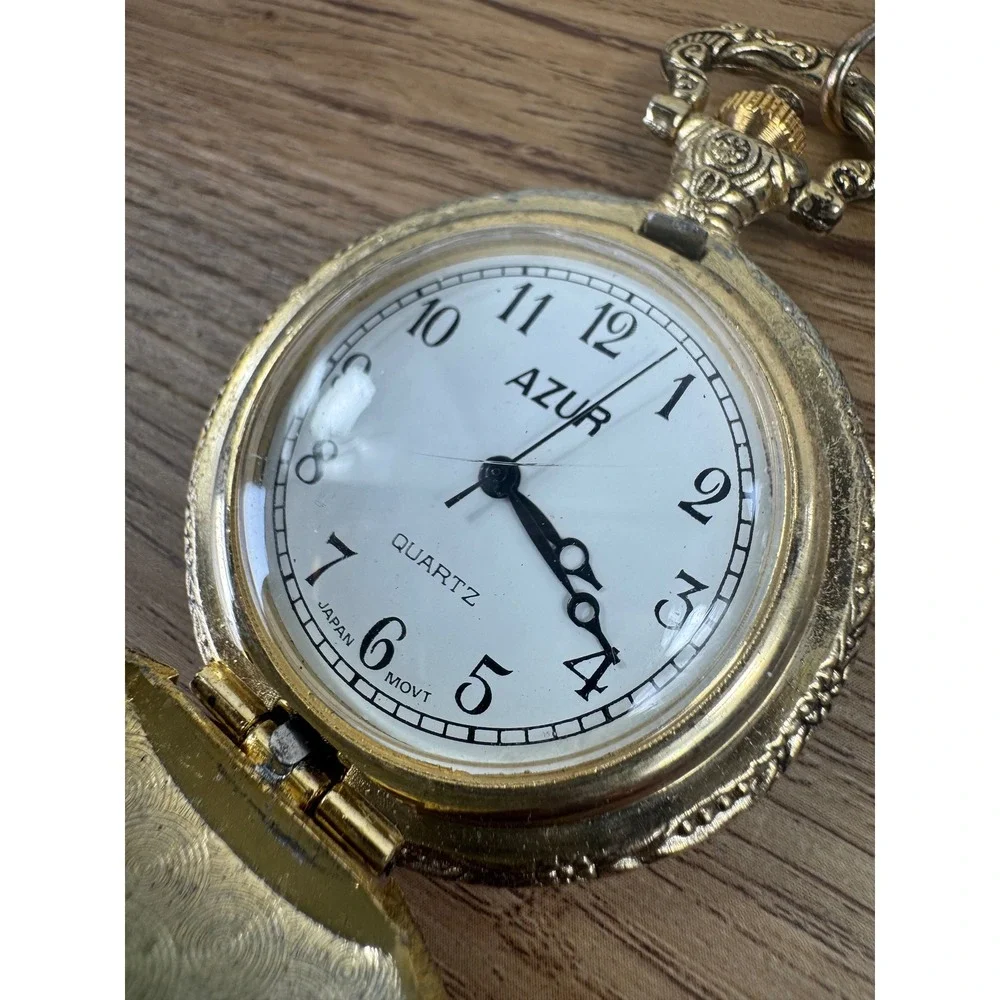 Azur Pocket Watch Gold Tone Vintage Car Embossed Quartz Chain